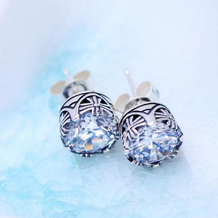 GQTORCH 925 Sterling Silver Earrings For Men And Women Natural Black Onyx Stone Inlaid Vintage Cross Crown Carved