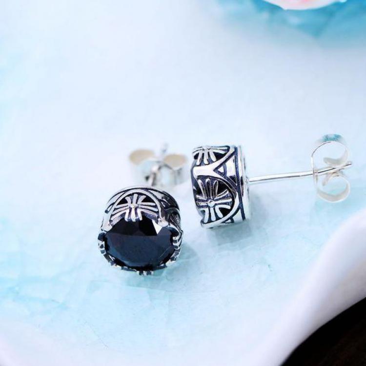 GQTORCH 925 Sterling Silver Earrings For Men And Women Natural Black Onyx Stone Inlaid Vintage Cross Crown Carved