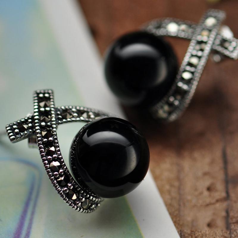 GQTORCH 925 Sterling Silver Earrings For Women Inlaid Black Onyx Round Beads Vintage Marcasite Cross Design Fine Jewelry