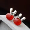 GQTORCH 925 Sterling Silver Earrings For Women Inlaid Natural Red Agate Onyx Yellow Chalcedony Cute Cartoon Lovely Rabbit Girls