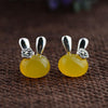GQTORCH 925 Sterling Silver Earrings For Women Inlaid Natural Red Agate Onyx Yellow Chalcedony Cute Cartoon Lovely Rabbit Girls