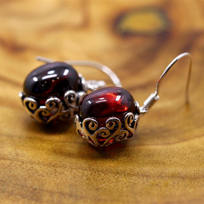GQTORCH 925 Sterling Silver Earrings Hook With Natural Red Garnet Corundum Hollow Flower Vintage Design Ruby Jewelry
