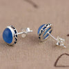 GQTORCH 925 Sterling Silver Elegant Stud Earrings For Women Inlaid Blue Chalcedony Natural Gemstone Antique Simple Round Design