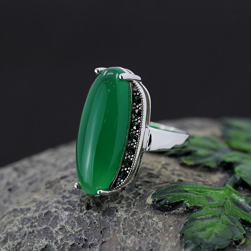 GQTORCH 925 Sterling Silver Exaggerated Green Agate Red Ruby Large Rings For Women Vintage Ring Fine Jewelry