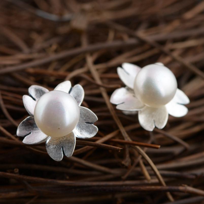 GQTORCH 925 Sterling Silver Flower Earrings With Natural Pearls Stud Earrings For Women Pendientes De Plata