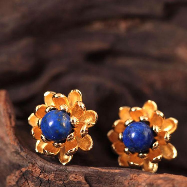 GQTORCH 925 Sterling Silver Flower Lotus Earrings China Wind Beautiful Art With Natural Lapis Lazuli And Pearls Fine Jewelry