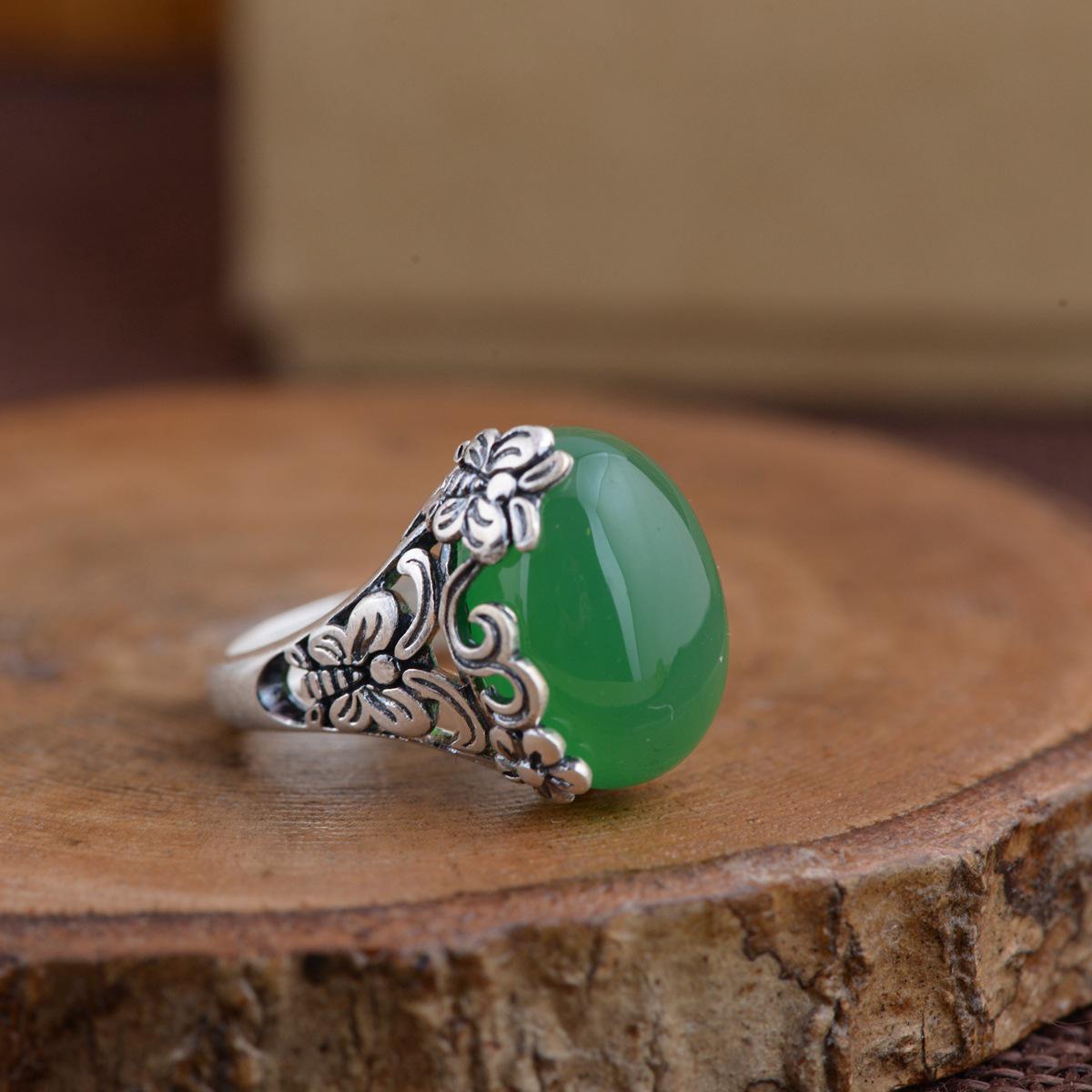 GQTORCH 925 Sterling Silver Gemstone Rings For Women Carved Vintage Butterfly Flowers Yellow Green Chalcedony Nature Stone