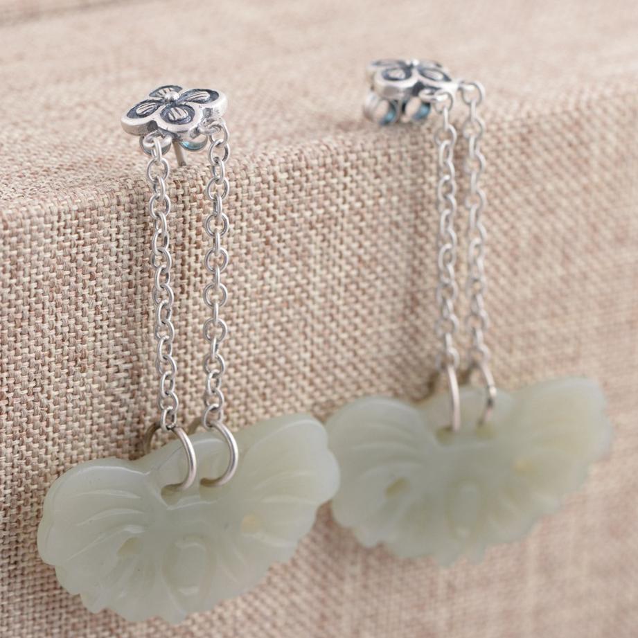 GQTORCH 925 Sterling Silver Jewelry Vintage Thai Silver Flowers Drop Earring Long With Natural Jade Charms Exquisite Carved
