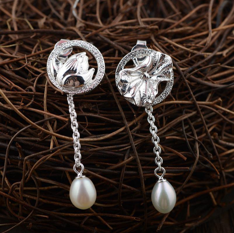 GQTORCH 925 Sterling Silver Lotus Carving Drop Earrings Long For Women With Natural Pearl Fine Jewelry