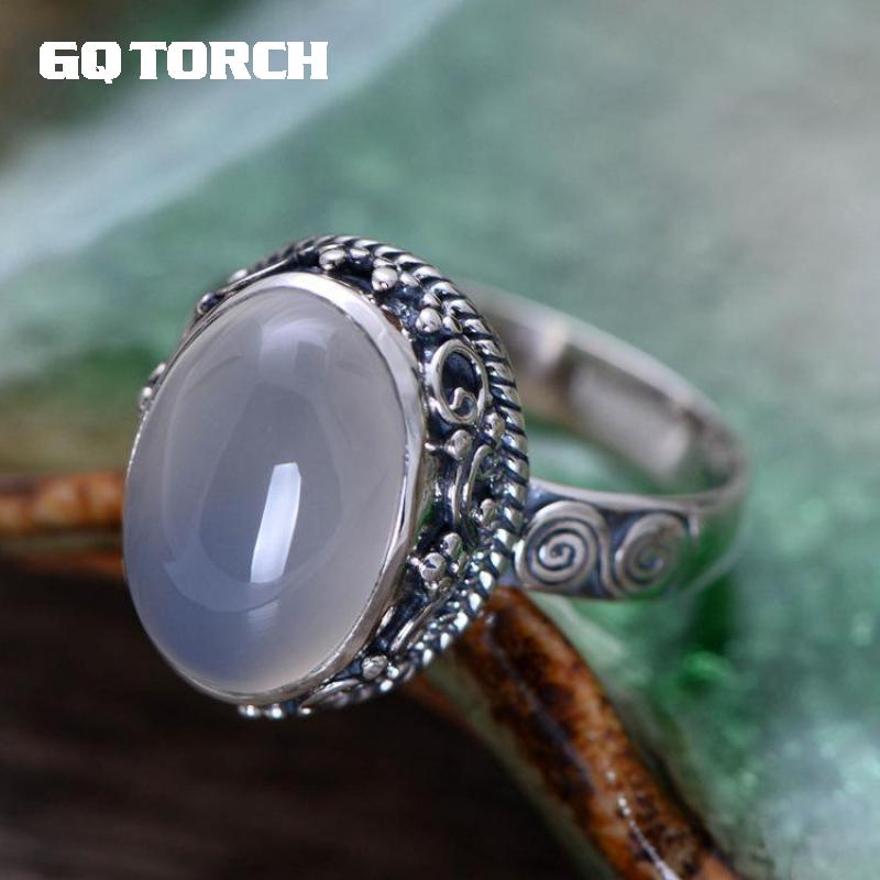 GQTORCH 925 Sterling Silver Natural Gemstone Rings For Women White Chalcedony Vintage Flower carved Fine Jewelry Anelli Argento