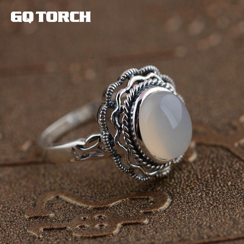 GQTORCH 925 Sterling Silver Natural White Chalcedony Gemstone Rings For Women Vitnage Hollow Flower Carved Anel Feminino