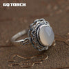 GQTORCH 925 Sterling Silver Natural White Chalcedony Gemstone Rings For Women Vitnage Hollow Flower Carved Anel Feminino