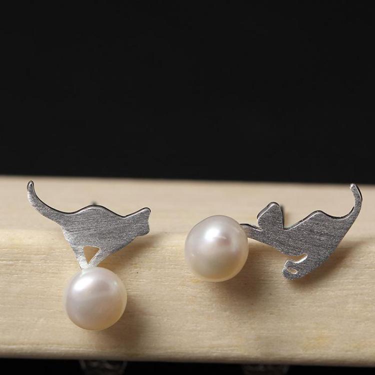 GQTORCH 925 Sterling Silver Personality Pearls Stud Earrings Cat Pl Ball Natural Pearls Jewelry For Women