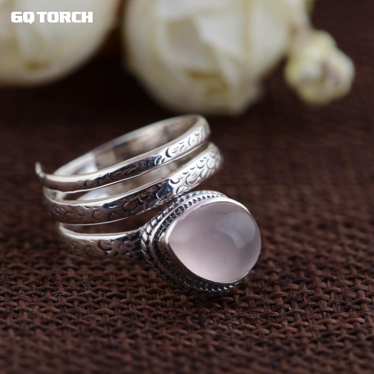 GQTORCH 925 Sterling Silver Rings For Women Inlaid Rose Quartz Natural Stone Opening Type Multi Layers Vintage Snake Ring