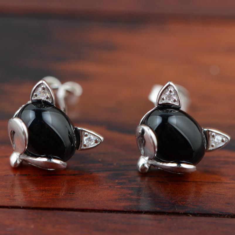 GQTORCH 925 Sterling Silver Stud Earrings For Women Fox Head With Black Red Green Agate Natural Stone Oorbellen Voor Vrouwen