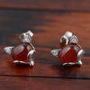 GQTORCH 925 Sterling Silver Stud Earrings For Women Fox Head With Black Red Green Agate Natural Stone Oorbellen Voor Vrouwen
