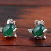 GQTORCH 925 Sterling Silver Stud Earrings For Women Fox Head With Black Red Green Agate Natural Stone Oorbellen Voor Vrouwen