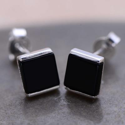 GQTORCH 925 Sterling Silver Stud Earrings Vintage Natural Black Onyx Square Shaped For Women Brinco Feminino