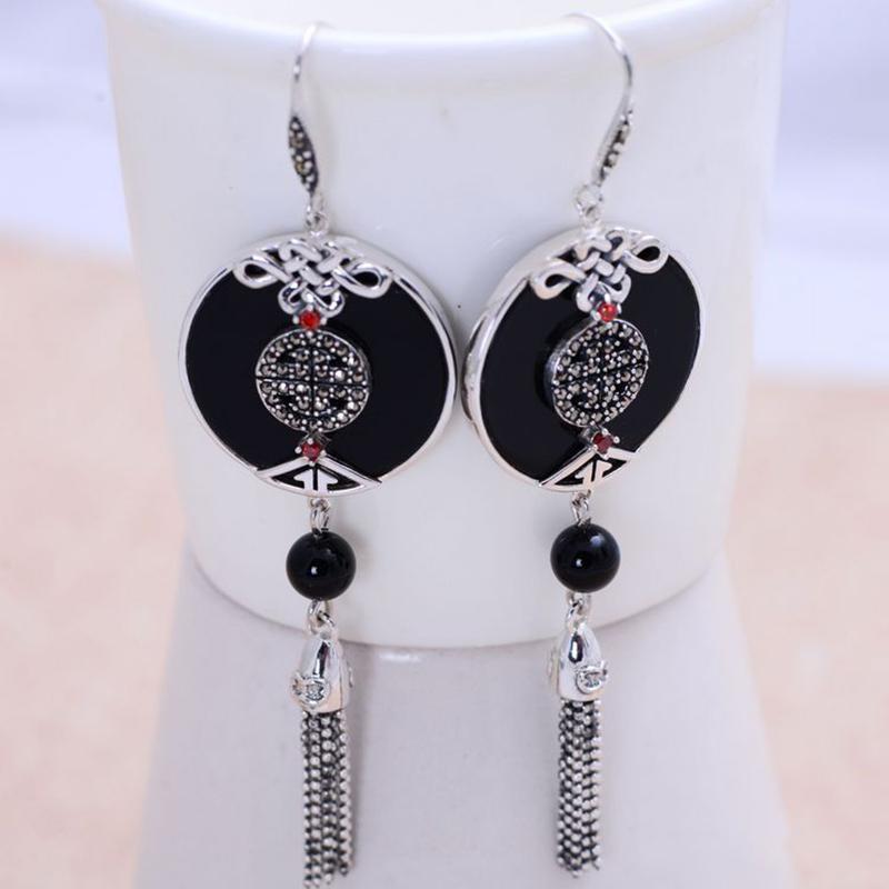 GQTORCH 925 Sterling Silver Tassel Earrings With Truelove Knot Exquisite Natural Black Onyx Stone Ethnic Style
