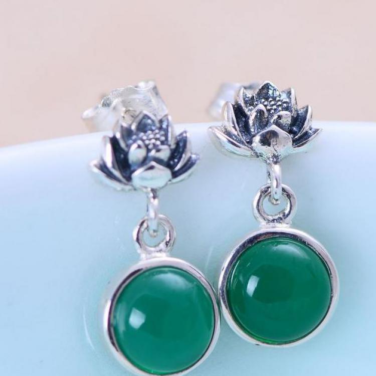 GQTORCH 925 Sterling Silver Vintage Flower Carving Cute Green Agate Dangle Earrings For Women Brincos Aretes
