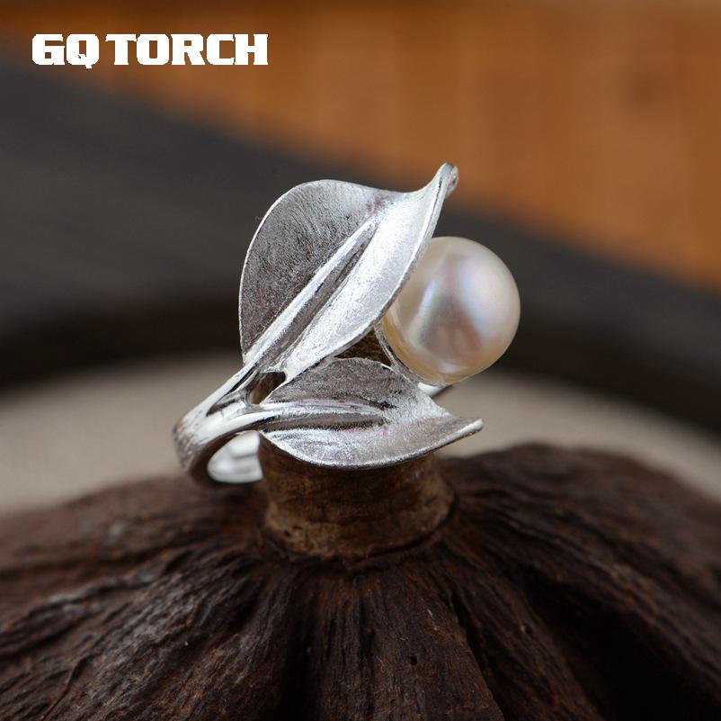 GQTORCH 925 Sterlingl Silver Pearl Rings For Women Leaf Shaped Vintage Unique Ring Fine Jewelry