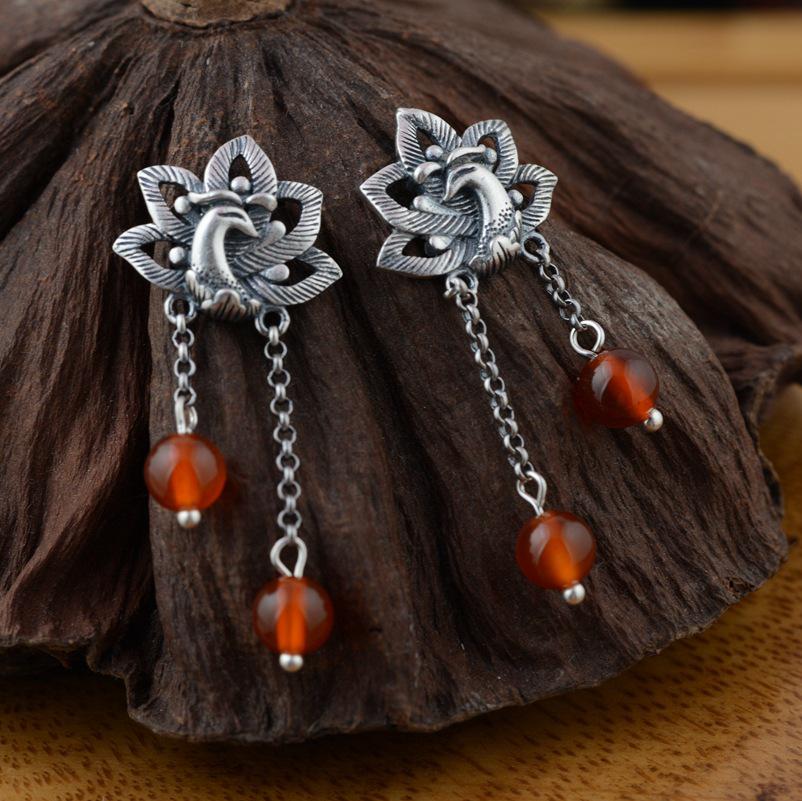 GQTORCH 990 Sterling Silver Earrings Phoenix & Peony Flower Carved With Multi Color Chalcedony Malachite Natural Stone Earrings