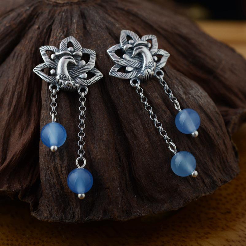 GQTORCH 990 Sterling Silver Earrings Phoenix & Peony Flower Carved With Multi Color Chalcedony Malachite Natural Stone Earrings