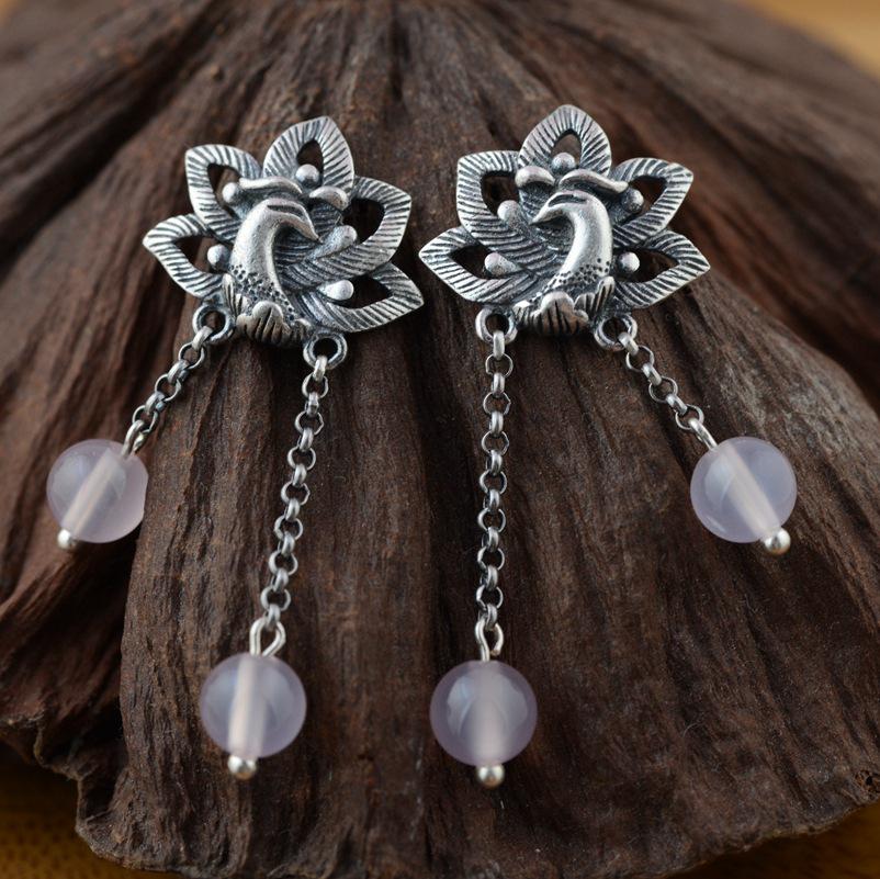 GQTORCH 990 Sterling Silver Earrings Phoenix & Peony Flower Carved With Multi Color Chalcedony Malachite Natural Stone Earrings