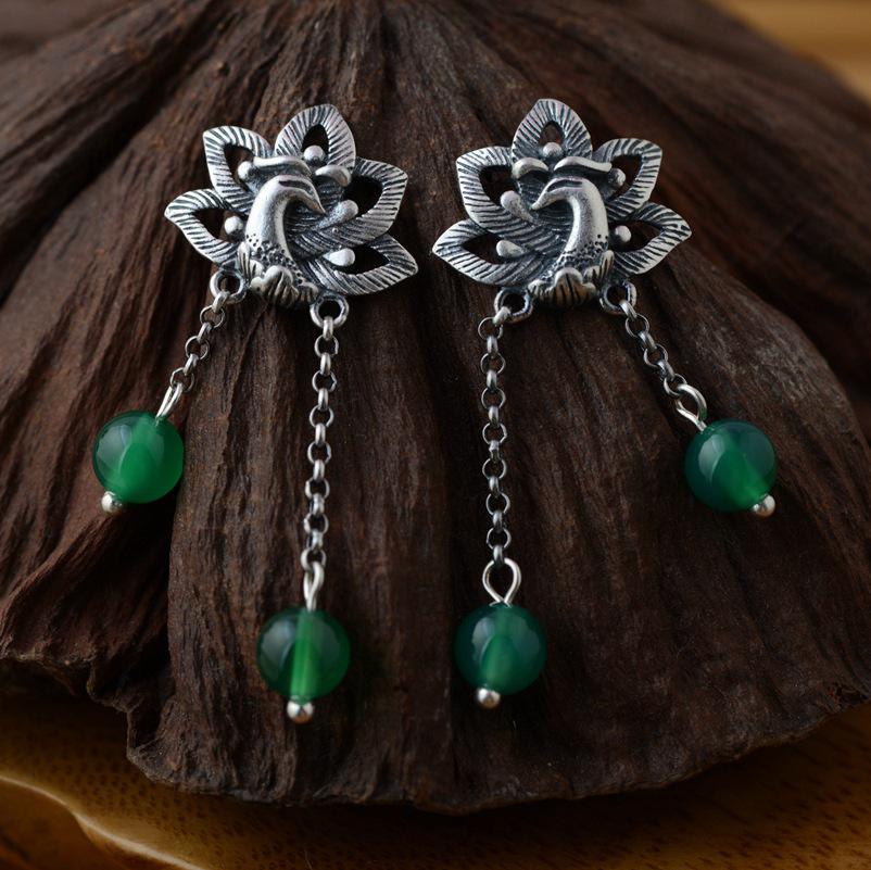 GQTORCH 990 Sterling Silver Earrings Phoenix & Peony Flower Carved With Multi Color Chalcedony Malachite Natural Stone Earrings