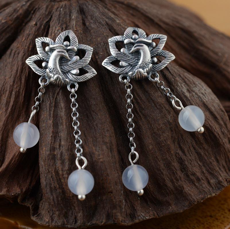 GQTORCH 990 Sterling Silver Earrings Phoenix & Peony Flower Carved With Multi Color Chalcedony Malachite Natural Stone Earrings