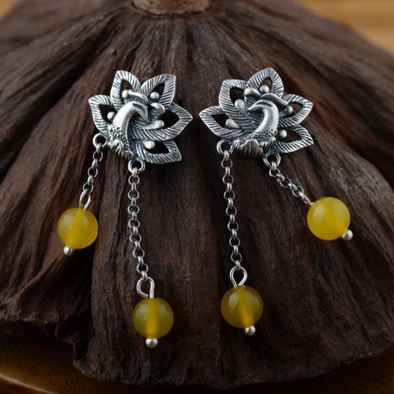 GQTORCH 990 Sterling Silver Earrings Phoenix & Peony Flower Carved With Multi Color Chalcedony Malachite Natural Stone Earrings