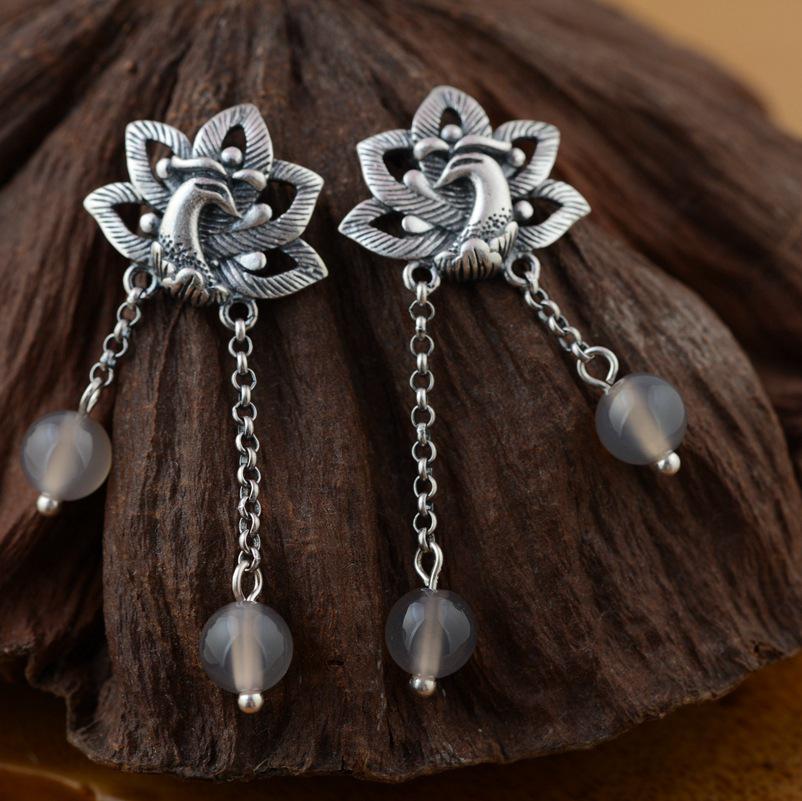 GQTORCH 990 Sterling Silver Earrings Phoenix & Peony Flower Carved With Multi Color Chalcedony Malachite Natural Stone Earrings