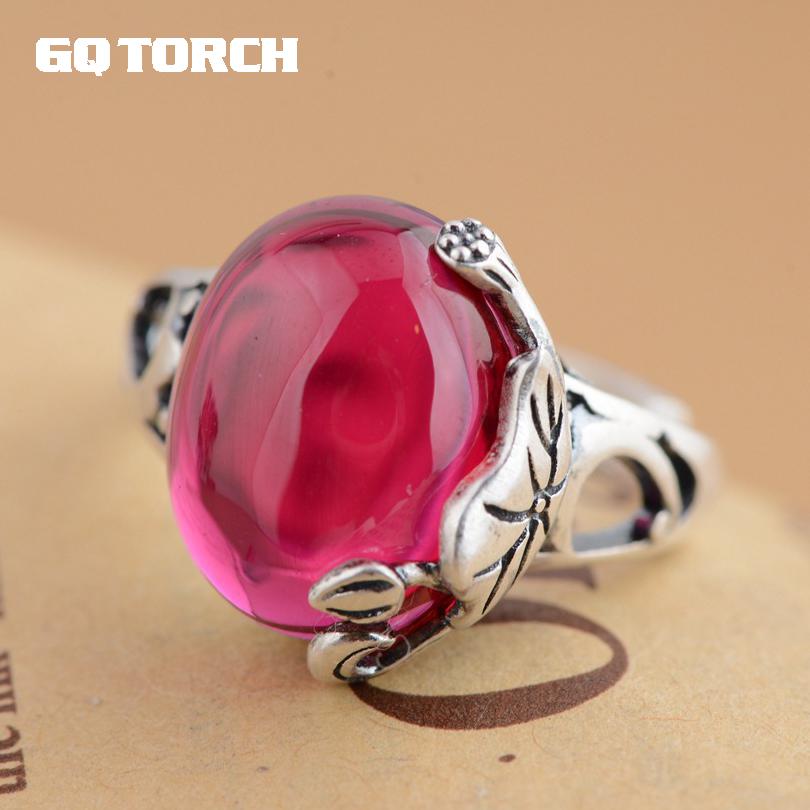 GQTORCH 990 Sterling Silver Red Ruby Rings For Women Vintage Style Thai Silver Process Lotus Carved Elegant Fine Jewelry