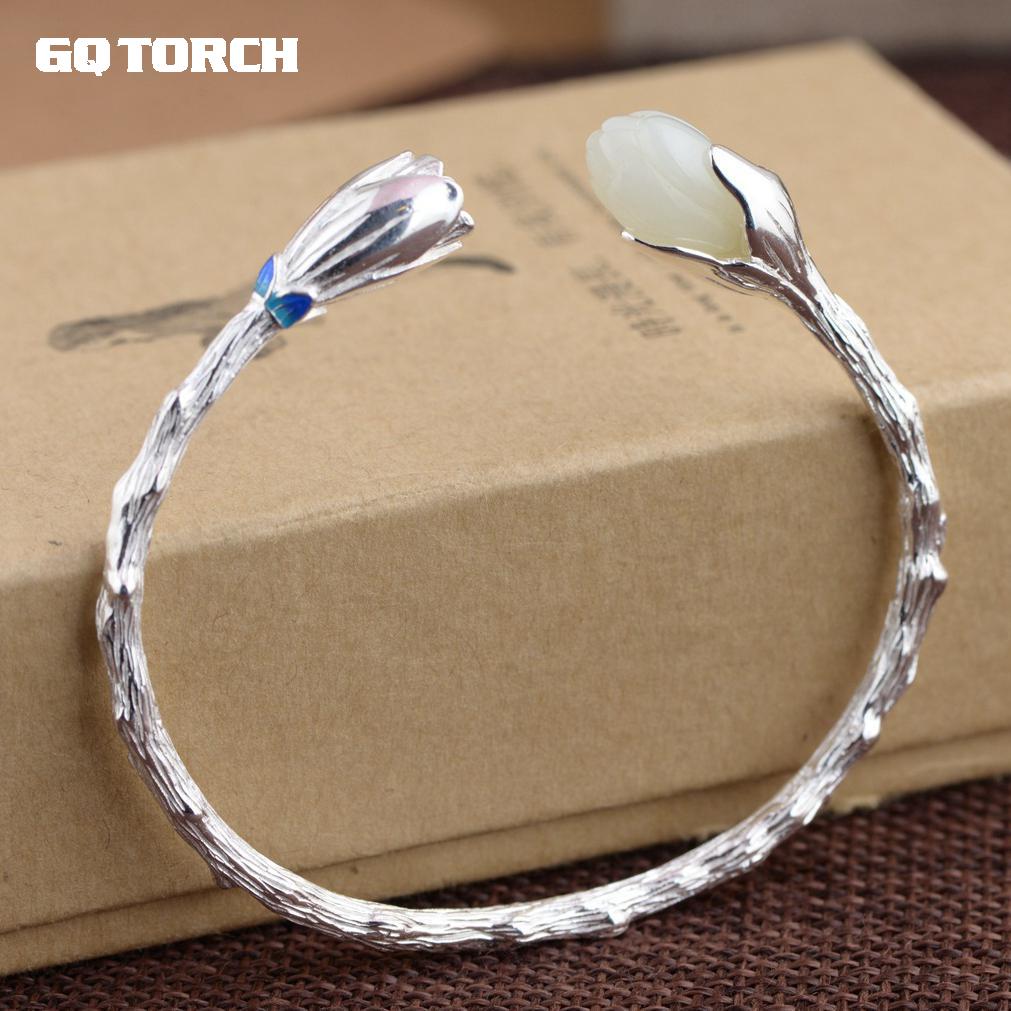 GQTORCH Authentic 925 Silver Cuff Bracelets Woman Natural White Jade Inlaid Flower Engraved Enameling Vintage Bangles