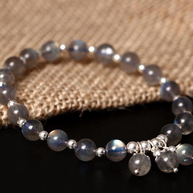 GQTORCH Bracelets & Bangles 925 Sterling Silver Natural Blue Moonstone Stone Beads Bracelet With Charms For Women Elastic String