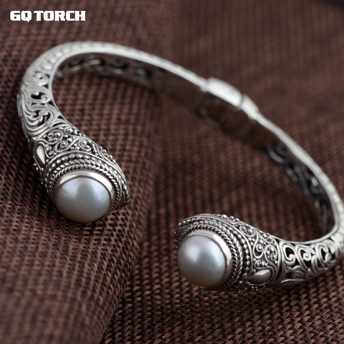 GQTORCH Bracelets & Bangles Authentic 925 Sterling Silver Cuff Bracelets Natural Pearl Vintage Hollow Flower Carving Armbandjes