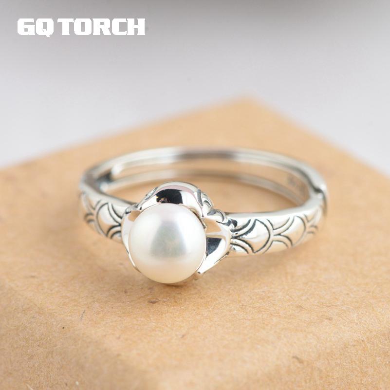 GQTORCH Elegant Pearl Ring Mountings Sterling Silver 925 Jewelry For Women Vintage Flower Engraved Simple Unique Rings