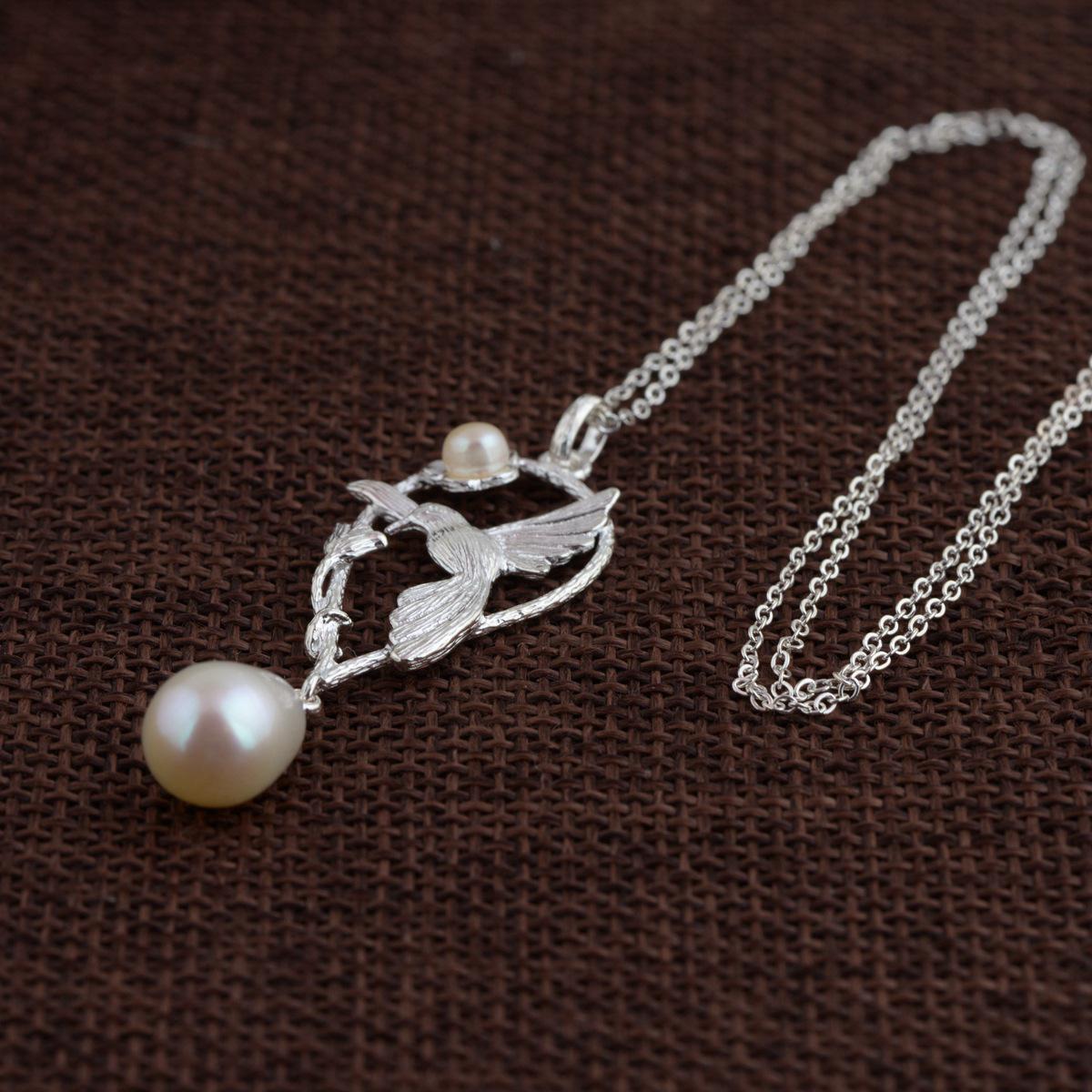 GQTORCH Flying Bird Pearl Necklace Pendants Real Silver 925 Exquisite Unique Design Pearl Jewelry Chokers Necklaces For Women
