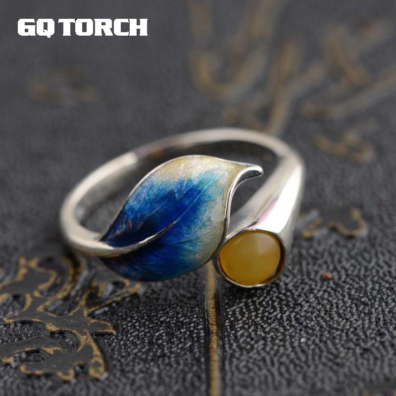 GQTORCH Genuine 925 Sterling Silver Nature Gemstone Rings For Women Enamel Lotus Leaf Inlaid Yellow Chalcedony Unique Ring
