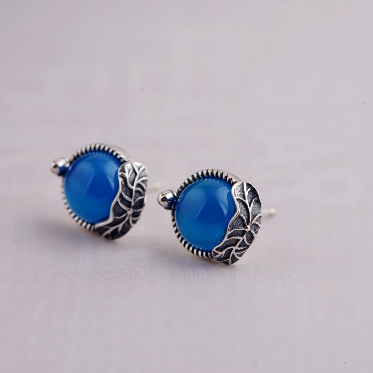 GQTORCH Genuine 925 Sterling Silver Round Gemstone Earrings For Women Vintage Lotus Leaf Inlaid Natural Blue Chalcedony