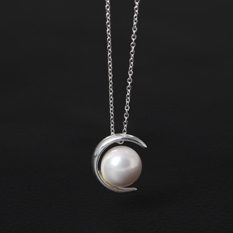 GQTORCH Korean 925 Sterling Silver Choker Necklace For Women Moon With Pearl Beautiful Pearl Jewelry Colar Feminino
