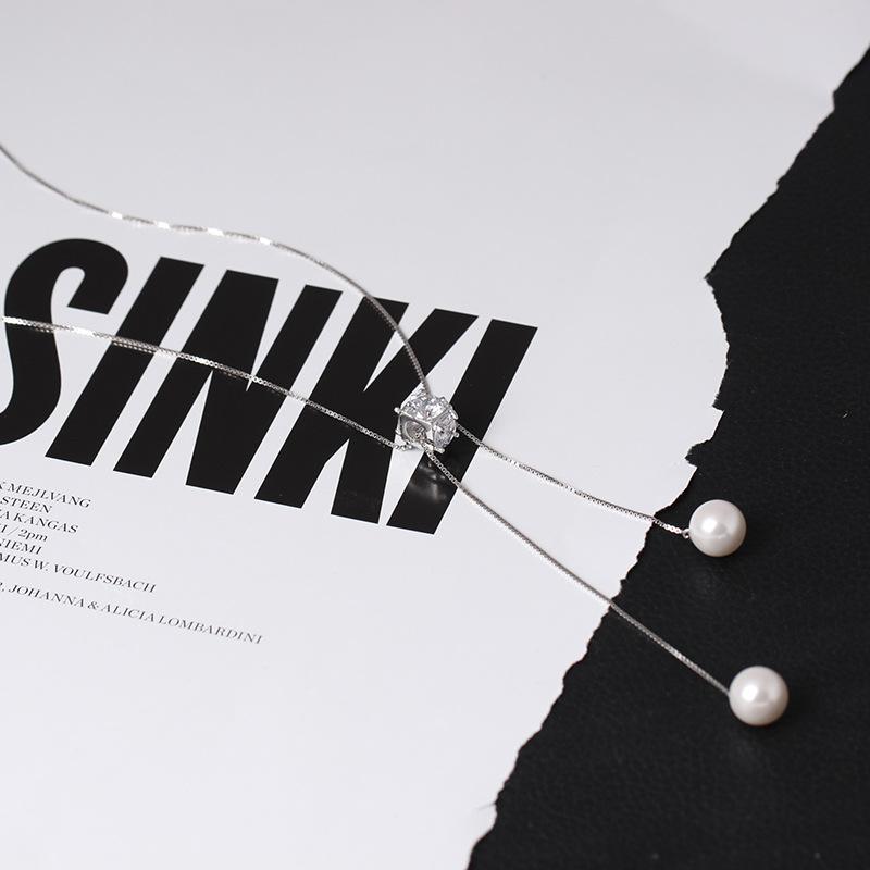 GQTORCH Korean 925 Sterling Silver Sweater Chain Long Necklace For Women Simple Design Shell Pearl WIth CZ Stone Fine Jewelry