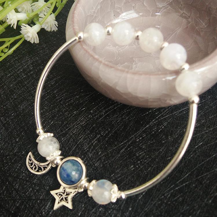 GQTORCH Natural Blue Moonstone Bracelets For Women Real 925 Sterling Silver Jewelry Strawberry Crystal Rose Quartz Hand String