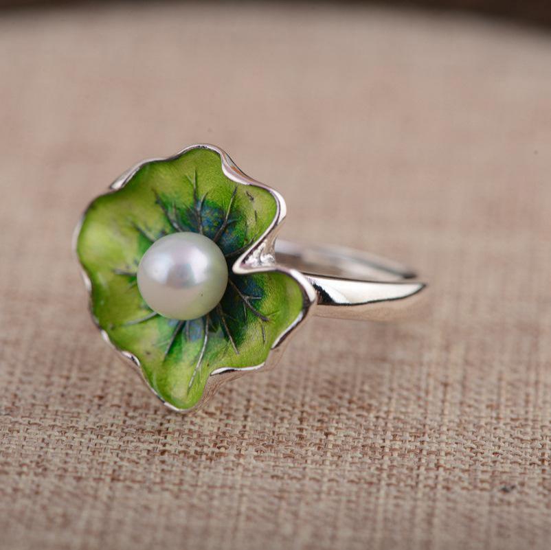 GQTORCH Natural Pearl Rings For Women 925 Sterling Silver Jewelry Enamel Flower Green And Blue Color Anel Feminino