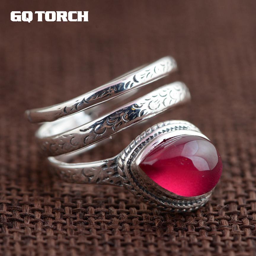 GQTORCH Natural Gemstone Red Ruby Rings for Women 925 Sterling Silver Snake Ring Vintage Multi Layers Opening Handmade Jewelry