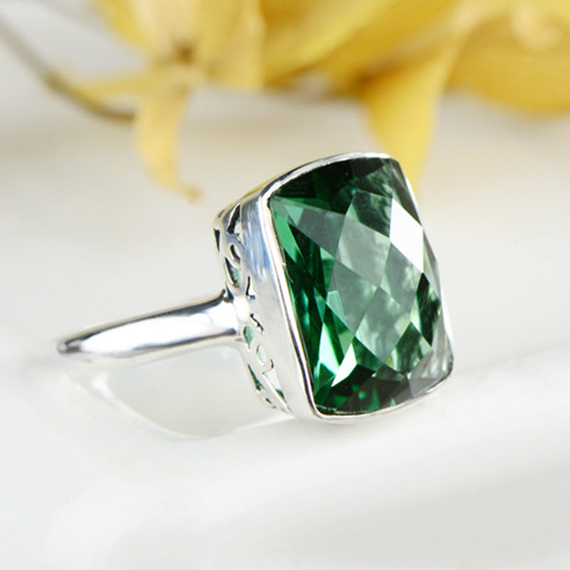 GQTORCH Natural Green Crystal Square Emerald Rings For Women 925 Sterling Silver Jewelry Vintage Flower Carving Accesorios Mujer