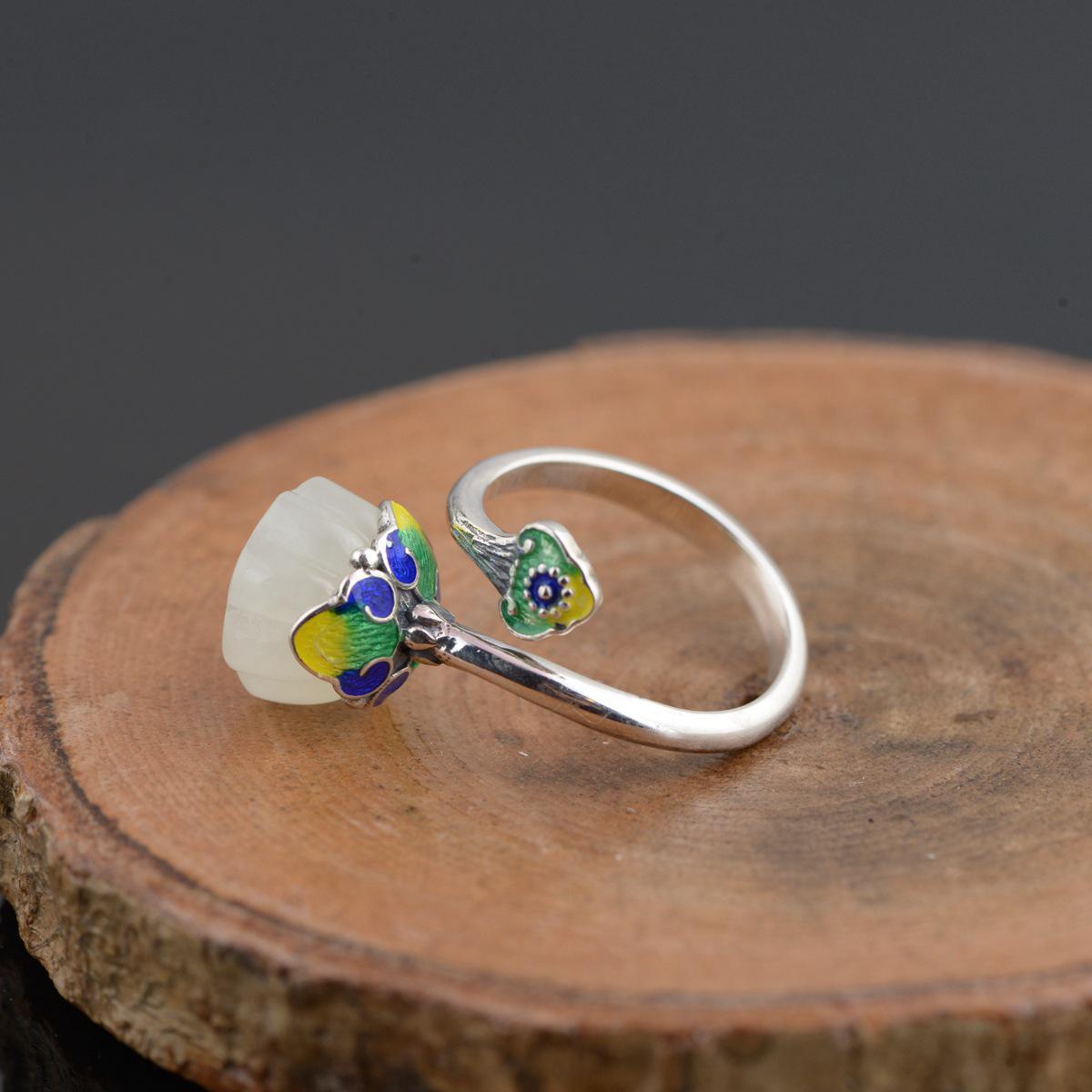 GQTORCH Natural Jade Ring 925 Silver Jewelry Lotus Seedpod Flower Shaped Blueing Process Vintage Type Ring For Women