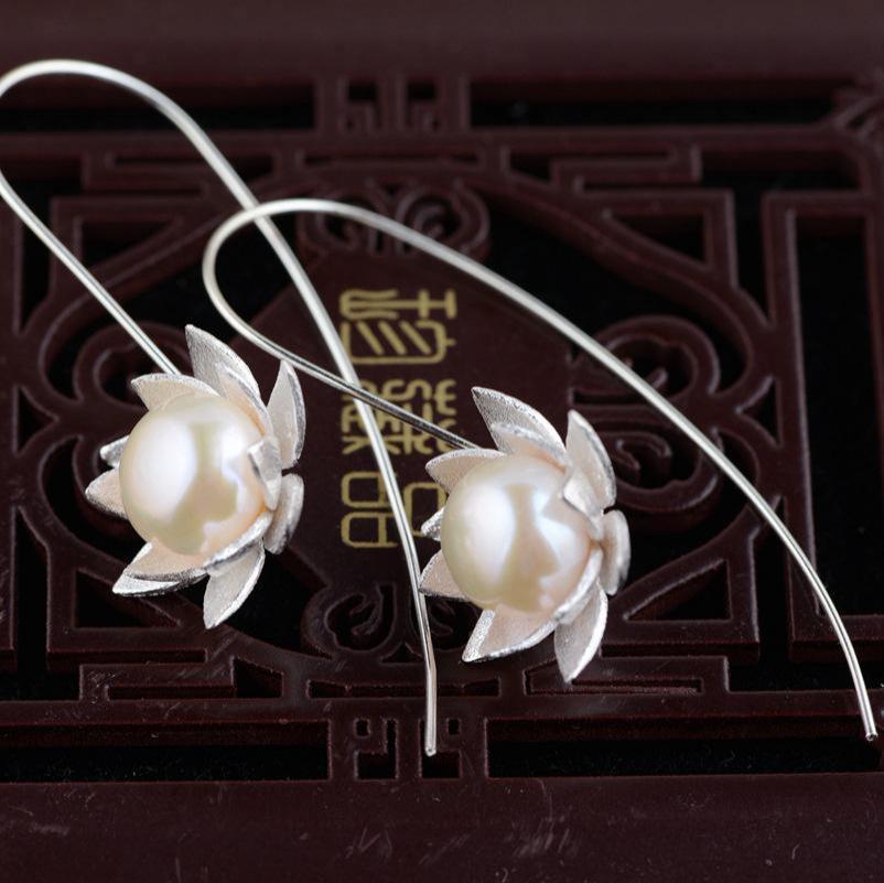 GQTORCH Natural Pearl Earrings Real 925 Sterling Silver Vintage Loturs Flower Earrings For Women Brinco Prata