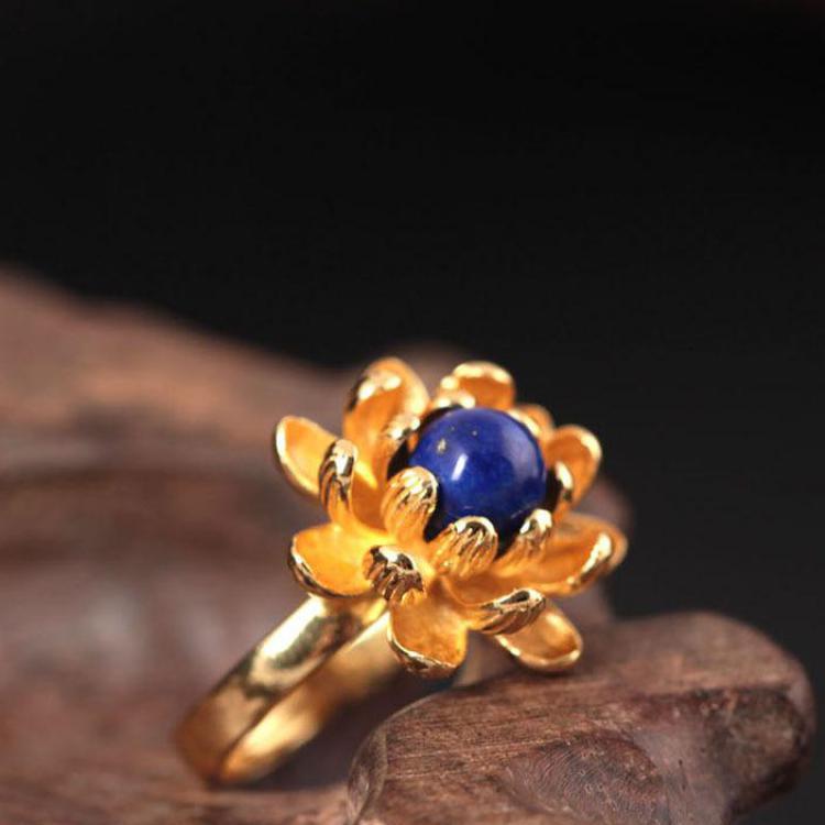 GQTORCH Original 925 Sterling Silver Rings For Women With Beautiful 3d Lotus Natural Lapis Lazuli Pearl Flower Rings Anel Preto