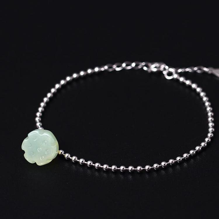 GQTORCH Original Design Ethnic Style Genuine 925 Sterling Silver Beads Bracelet With Lotus Natural Jade Charms For Women